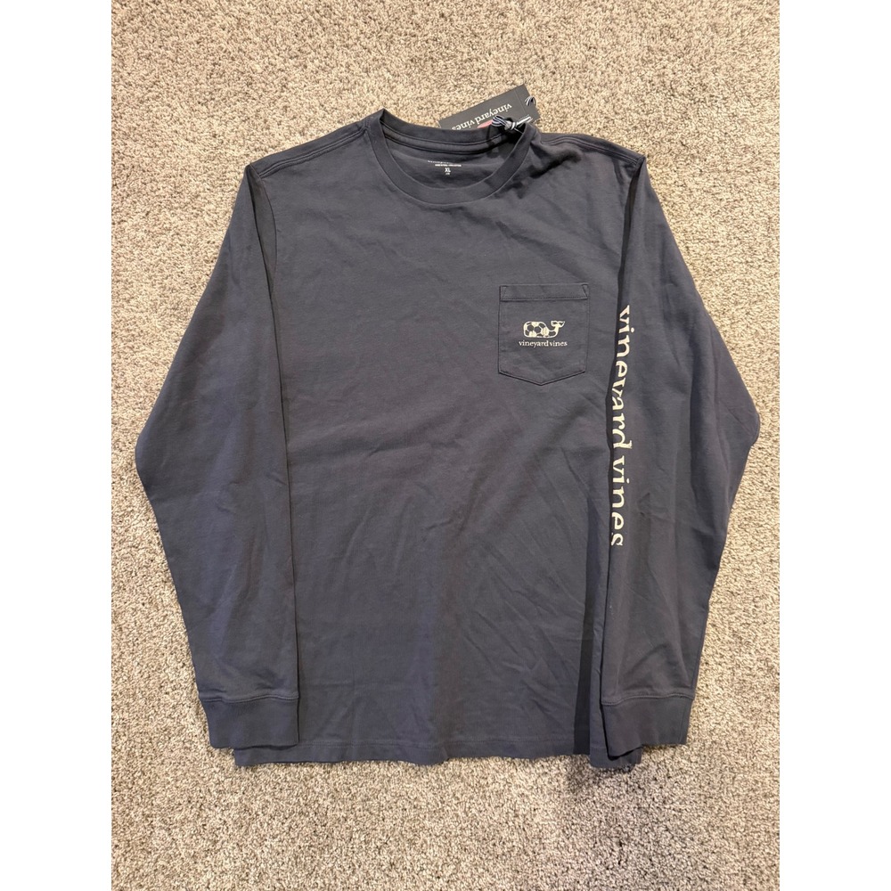 Vineyard Vines Long Sleeve Shirt Boys XL 18 Blue Vintage Soccer Whale Pocket Tee